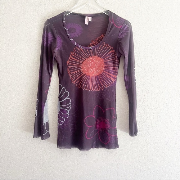 SWEET PEA Y2K style Nylon long sleeve sheer top Size Large Floral Print - Picture 1 of 10